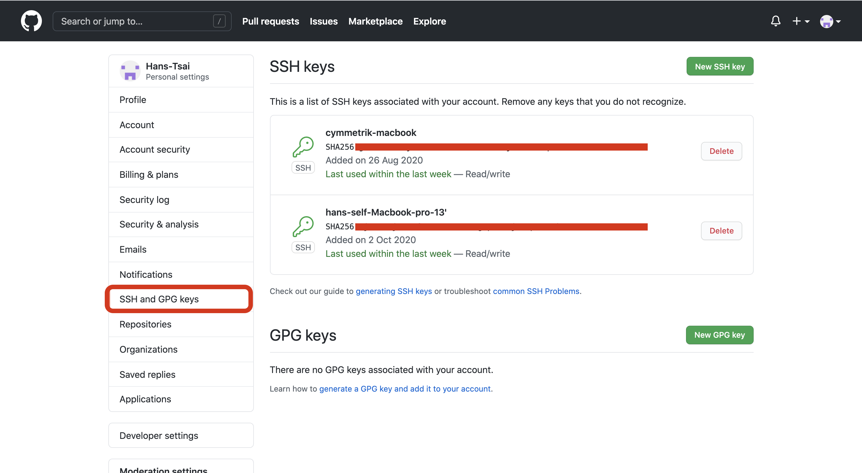 GitHub的SSH金鑰設定完成後的畫面