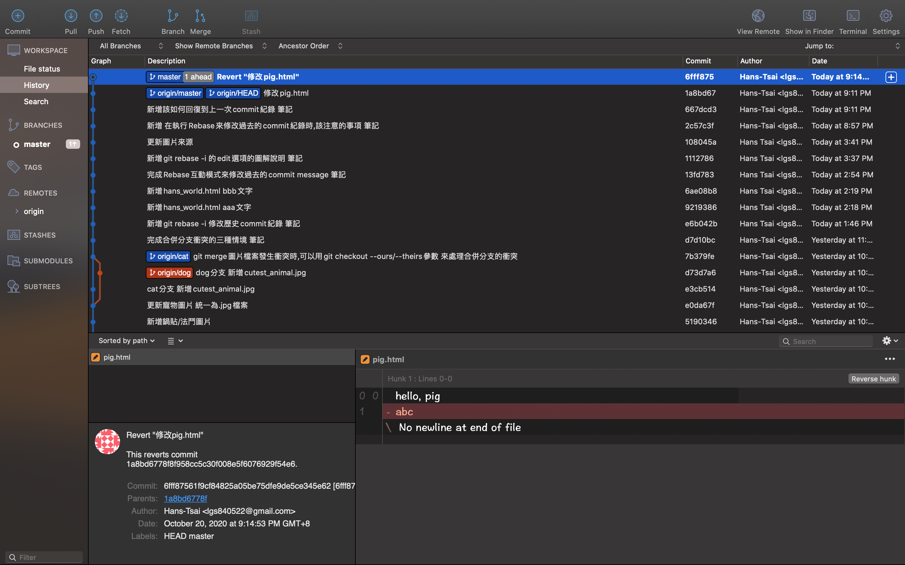Sourcetree檢視git revert HEAD --no-edit執行後的狀況_圖解說明