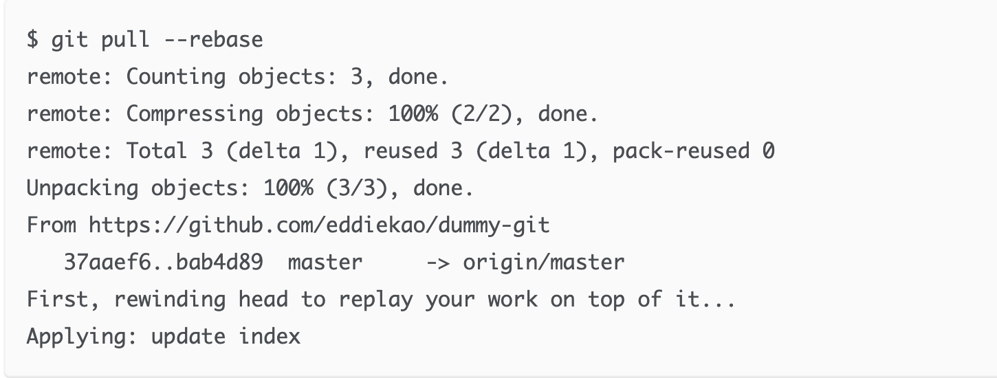 git push --rebase 指定要用Rebase的方式更新本地端repository的內容後,再推送上去遠端儲存庫一遍