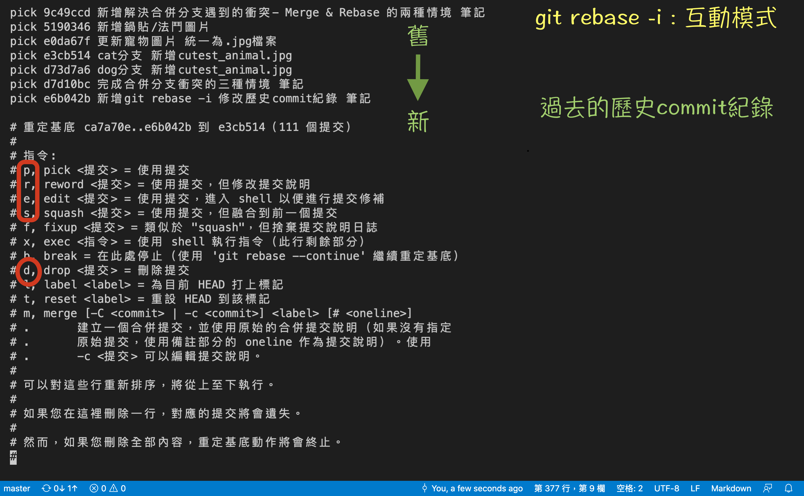 git rebase -i <過去的Commit物件id>,利用Rebase互動模式來編輯過去的commit message的圖解說明