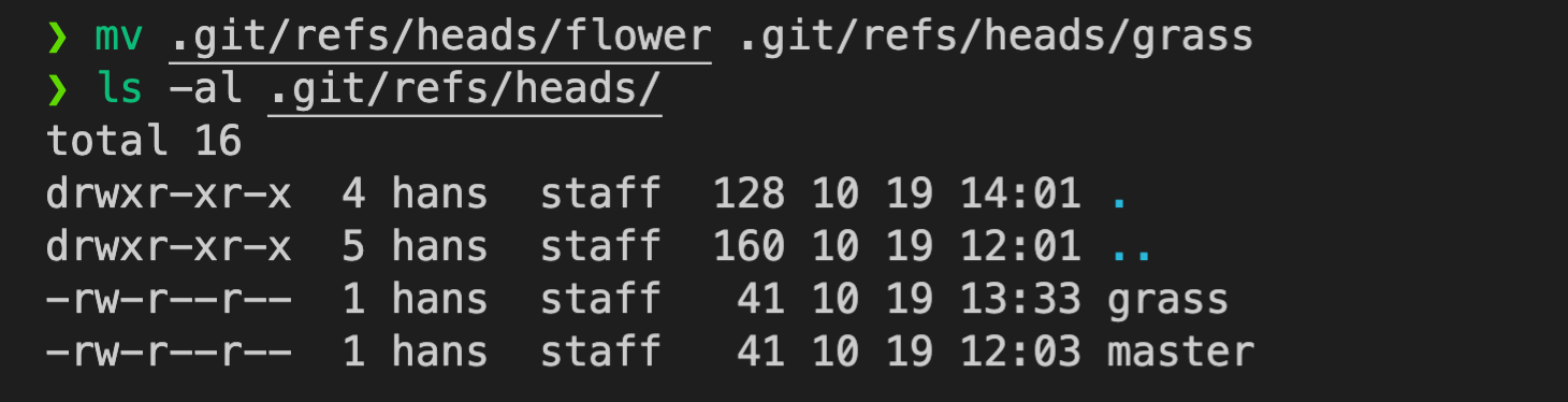 mv .git/refs/heads/ 目錄裡面的其中一個分支名稱就是相當於修改該分支的名稱了